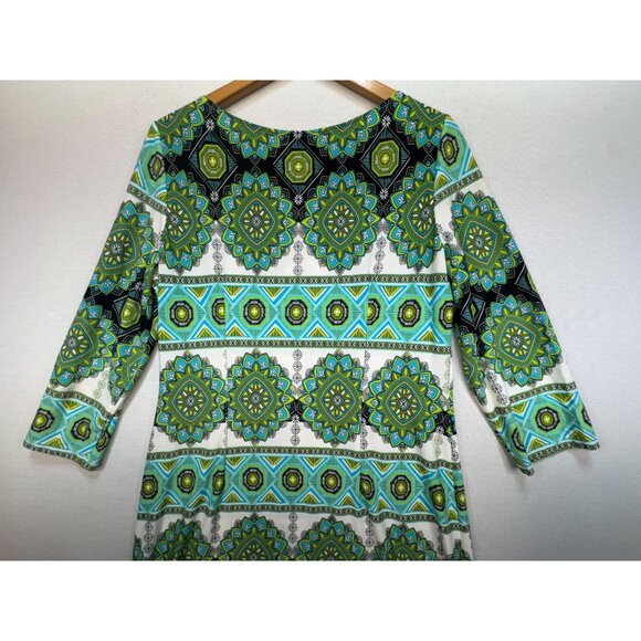 Maggy London Womens Geo Midi Shift Dress Size 12 Green Blue 3/4 Sleeve Work Boho - Picture 10 of 12